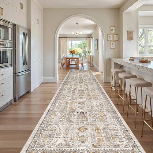 Madane Hallway Runner Rug 3x16 Washable Kitchen Runners Long, Brown/Gold