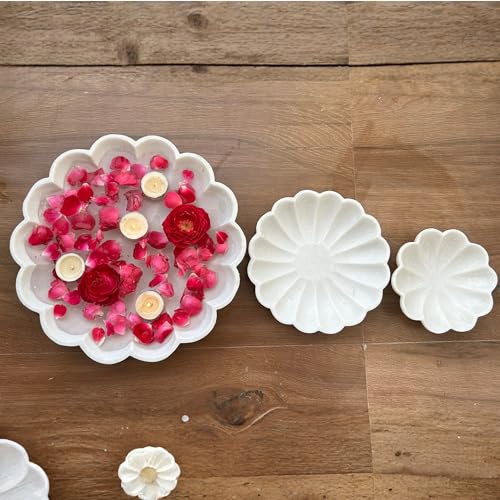 Image of Marble Urli Bowl for Decoration | Big Potpourri Decorative Bowls in Home decor | Large White Floating Flower Plates of Stone | Small Shape puja Item | (12 inch, Daisy Burst)