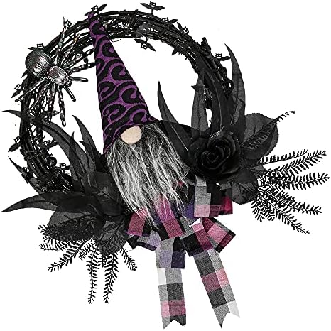 Peyton 20Inches Halloween Wreath,Gnome Wreath with Black Artificial Roses and Naughty Spider,Small Bats Around,Indoor and Outdoor Hanging Halloween Decoration