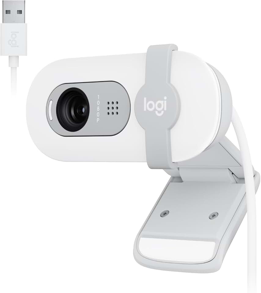 Webcam Full HD Logitech Brio 100 com Microfone Integrado, Proteção de Privacidade, Correção Automática de Luz e Conexão USB-A - Branco