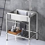 Tragbare Edelstahl-Campingspüle mit Wasserhahn, multifunktionale Outdoor-Küchenspüle, 1 Schale, Pedalspüle für Garten und Camping, 58 x 43 cm, strapazierfähig und leicht zu reinigen