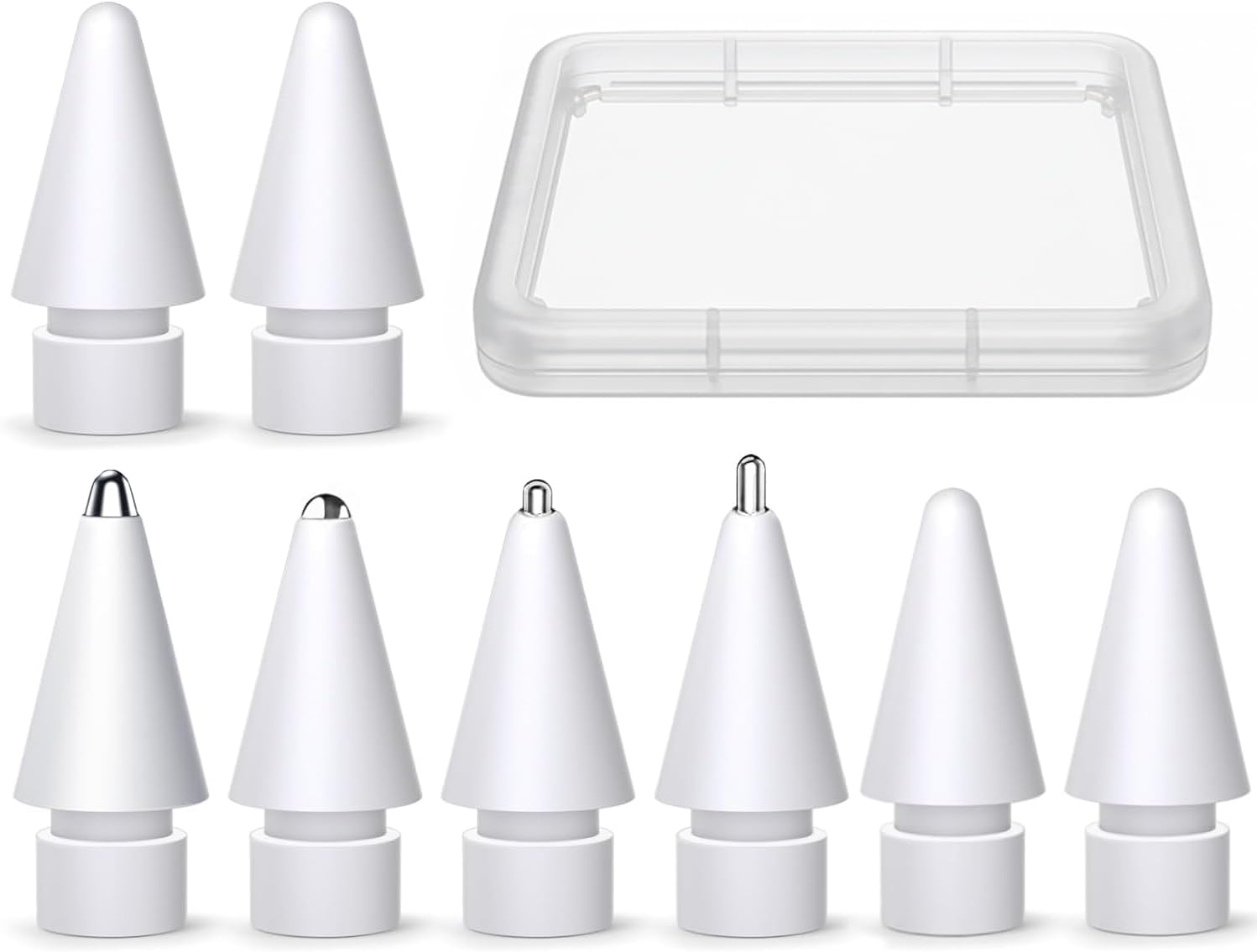 NXVX Replacement Tips for Apple Pencil, 2 Silicone + 4 Silver Metal | Quiet soft nibs for silent notes, hard nibs for long-wear drawing, case included