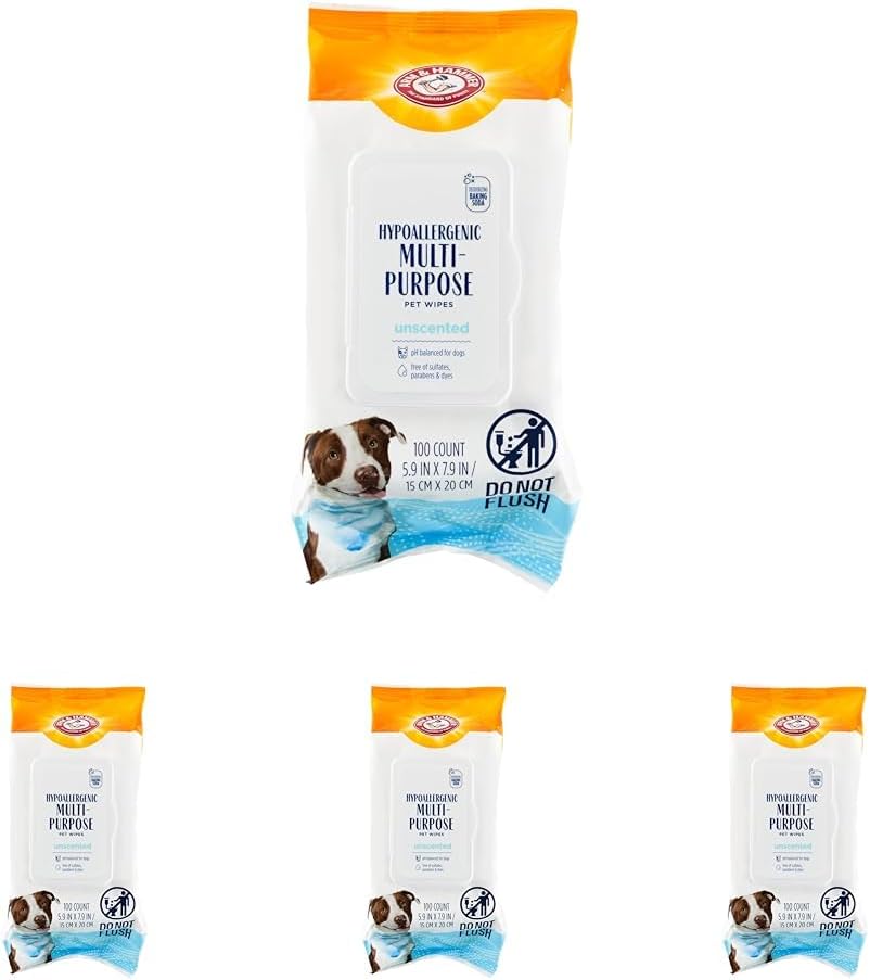Arm & Hammer for Pets Hypoallergenic Wipes for Dogs - Best Odor Eliminating Waterless Cleaning for Dogs & Puppies, Unscented, 100 Count (Pack of 4)