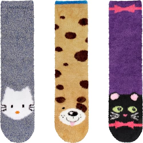 Image of BambooMN Super Soft Warm Cute Animal Face Non-Slip Fuzzy Crew Winter Home Socks, Value Pack