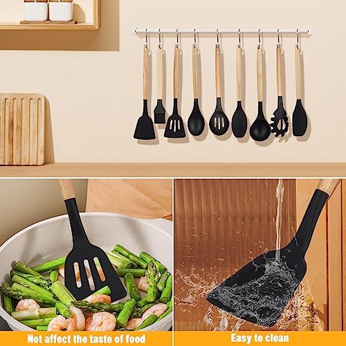 Kitchen Utensil Set, hicoosee 22 Pieces Silicone Cooking Utensils Set, Natural Wooden Handles Cooking Tool BPA Free Non Toxic Non Stick Heat Resistant Silicone Kitchen Gadgets Utensil Set, Black 01