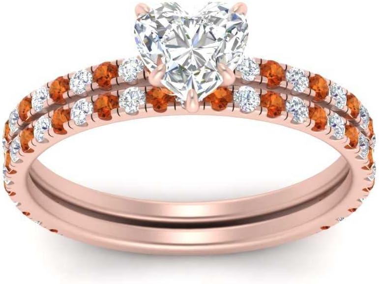 Choose Your Gemstone Three Quarter Diamond CZ Gallery Bridal Ring Set Rose Gold Plated Heart Shape Wedding Ring Sets Lightweight Office Wear Everyday Gift Jewelry US Size 4 to 12