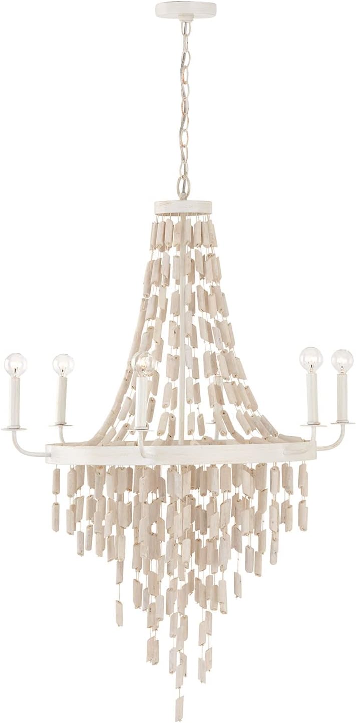 Capital Lighting 447761OW Carissa Bohemian Artisan-Crafted White-Washed Eucalyptus Wood Chandelier with Cotton Rope, 6-Light 360 Total Watts, 44" H x 31" W, Organic White
