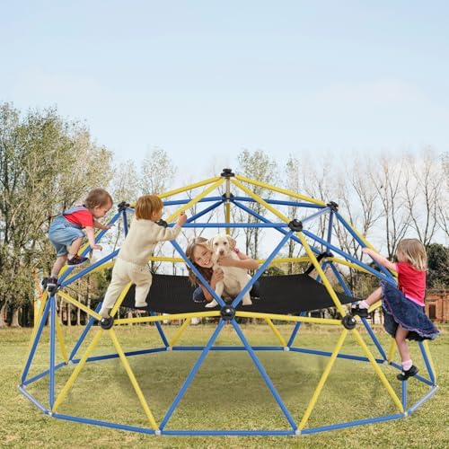 Climbing Dome,10FT Dome Climber with Hammock, Outdoor Jungle Gym for Kids, Supports Jungle Gym up to 1,000 lbs, Rust Resistant, Easy to Assemble, Gift for Kids (Blue+Yellow)