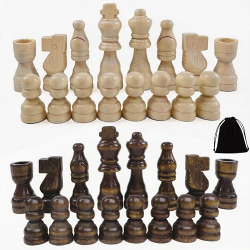 CHUANFU 33 Stück Schachfiguren Holz Set Tragbares Holz Schachspiel für Erwachsene Ohne Brett Schachbrett Reiseschach Chess Set mit Aufbewahrungsbeutel für Kinder Anfänger Erwachsene Party Schach