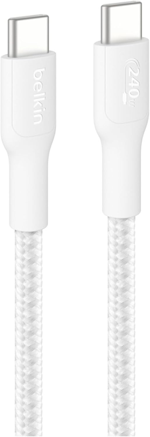 Belkin Eco Örgülü USB-C - USB-C Kablosu, 3 m, 240 W, Yumuşak, Esnek Hızlı Şarj Kablosu, iPhone 16, Galaxy S25, Pixel 9, MacBook, iPad Pro ve Daha Fazlası için Tip-C Şarj Kablosu - Beyaz (USB 2.0)
