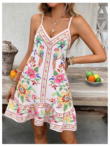 Image of RoseSeek Women's Boho Floral Beach Dress Summer Cover Up Mini Sundress | Spaghetti Strap, Ruffle Hem A Line Dress, Bathing Suit, Beach, Flowy Cami Sundress, Vacation Outfits