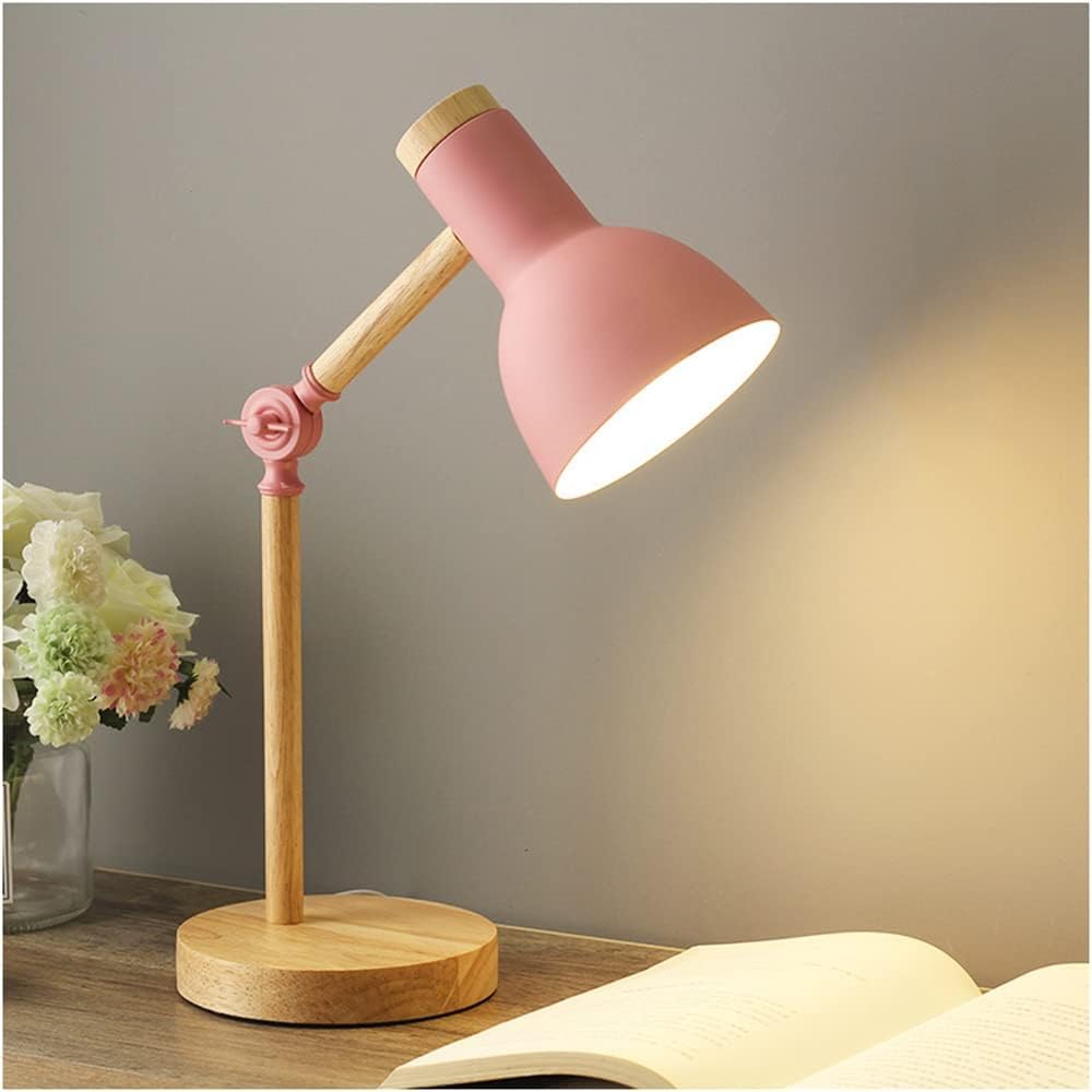 Moderna lámpara de escritorio de madera con pantalla de metal ajustable, lámpara de mesita de noche para oficina, sala de estudio, dormitorio, sala de estar, habitación de los niños, color rosa