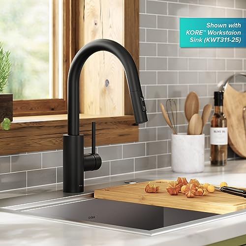 Image of KRAUS Oletto Single Handle Pull Down Kitchen Faucet with QuickDock Top Mount Installation Assembly in Matte Black, KPF-2620MB