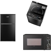 Juego de 3 piezas COMFEE de electrodom&eacute;sticos nuevos, refrigerador, 90 L negro, lavadora, 12,1 lbs 5,5 kg, microondas de 5,1 gal 17 L, tocadiscos negro, Living Alone, Support New Life
