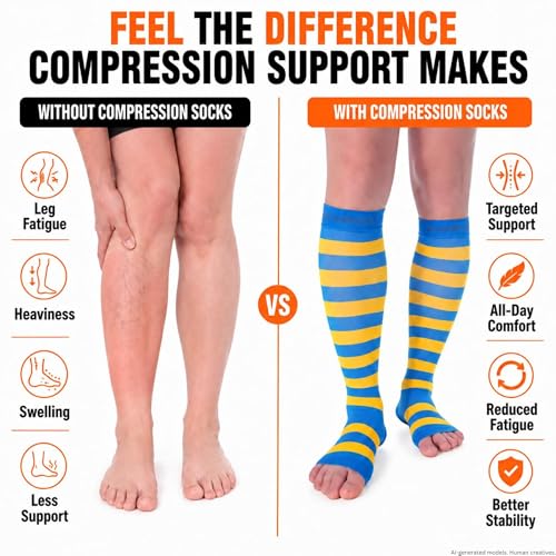 Image of Doc Miller Open Toe Compression Socks 15-20 mmHg for Women & Men, 1 Pair | Toeless Knee High, Wide Calf Stockings, Pregnancy, Varicose Veins, Shin Splints, Swelling, Recovery, Travel, Daily Wear