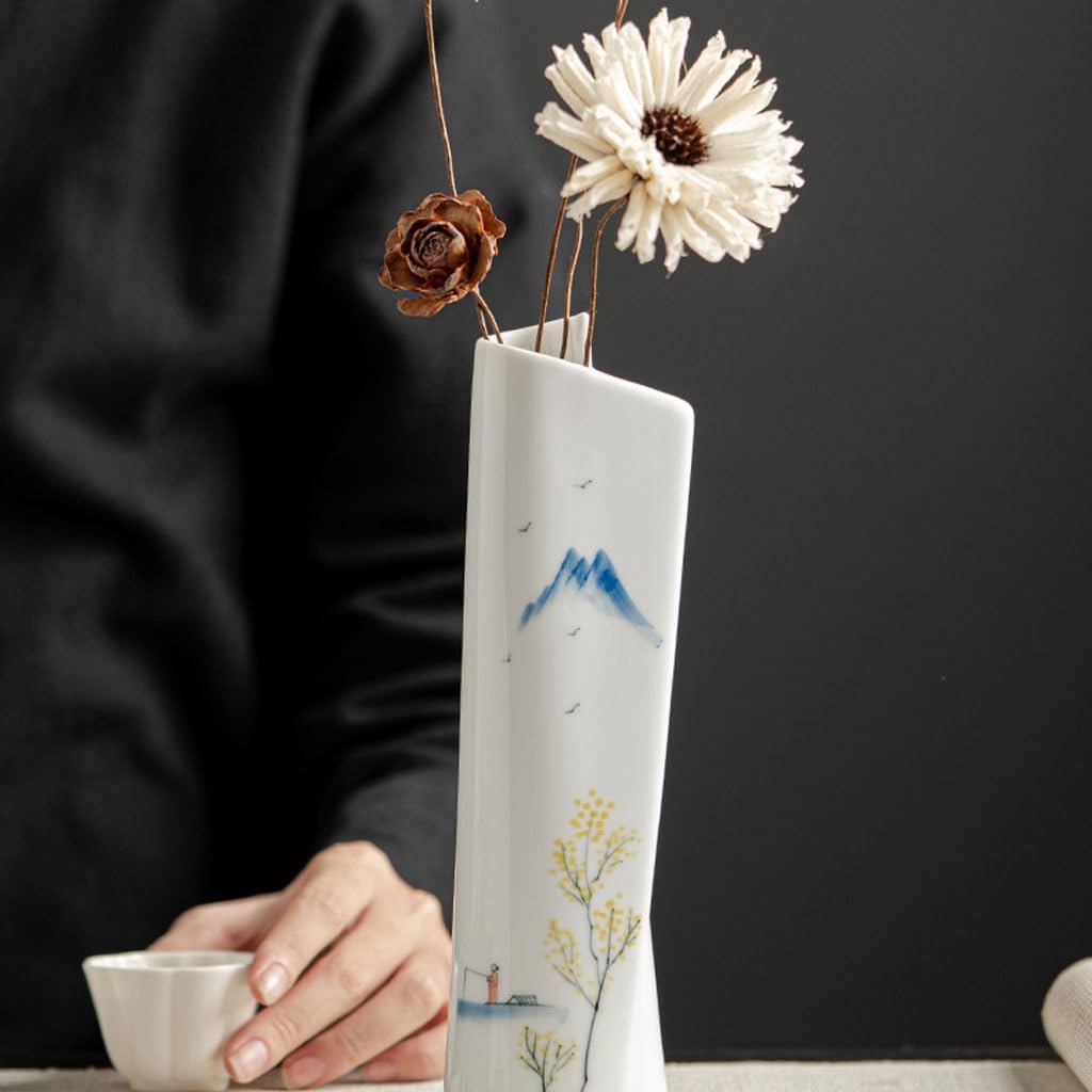 Room Decor Retro Scroll-Shaped Flower Arrangement Hand-Painted Blue and White Ceramic Flower Vases for Household Small Vase Decoration Dining Table Centerpiece Decor