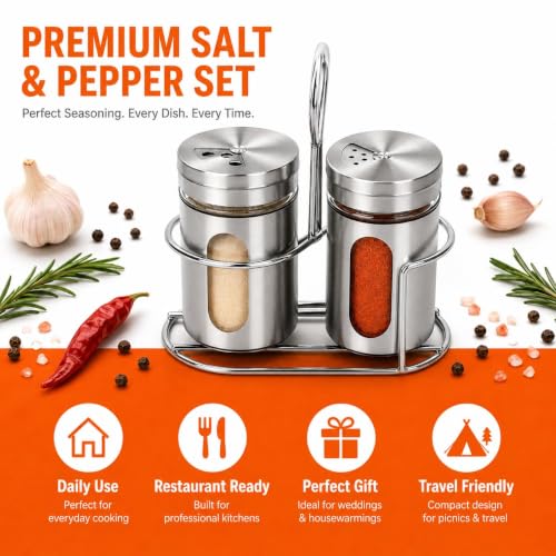 Image of Stainless Steel & Glass Salt Pepper Shaker Spice Jars with Stand for Oregano, Chilli Flakes, Sugar, Seasoning Sprinkler | Dining Table Masala with Stand (Set of 2)
