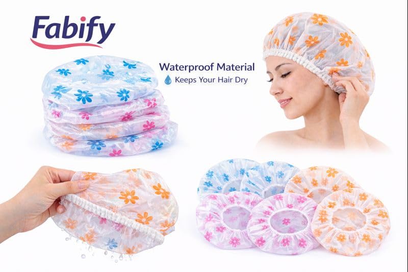 FABify Pack of 5 Reusable Printed EVA Shower Caps for Women – Waterproof 27 × 27 cm Bath & Hair‑Treatment Caps with Covered Elastic | Multi‑Color Spa, Salon & Home Protection 1