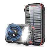 Solar PowerBank 26800mAh Cargador Solar, QI Carga inalámbrico, batería Externa de 4 Puertos (USB/QI), Carga rápida 3.1A Tipo C para Tabletas, Teléfono móvil, Linterna LED 18 para Viajes de Campamento
