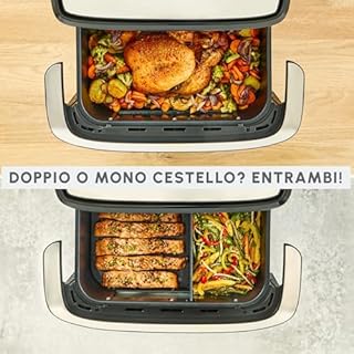 Moulinex Dual Easy Fry Flex Friggitrice ad Aria con Divisore, 2 Scomparti, FlexCook Technology, 2 resistenze superiori, Capacità fino a 9L/2,5kg, 8 Persone, 2700W, 7 Programmi, App My Moulinex, EZ9228