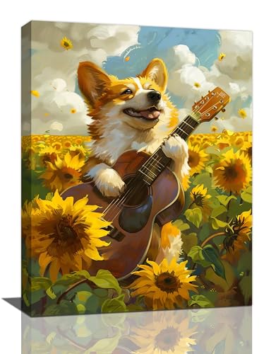 Fuzawet Dog Wall Decor Country Sunflower Funny Corgi Pictures Guitar Farmhouse Canvas Wall Art Painting Home Modern Artwork Decorations Framed for Living Room Bedroom Bathroom Office 12 x 16 inch