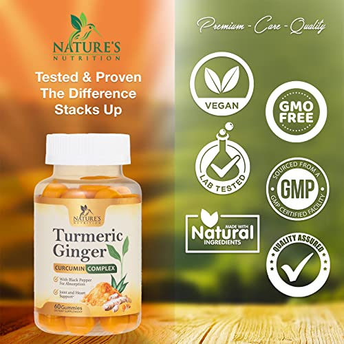 Turmeric Ginger Gummies For Best Absorption, Joint Support, Natural Immune Support, Nature's Turmeric Supplement, Vegan Friendly Vitamins For Men And Women - 60 Gummies #TOP3