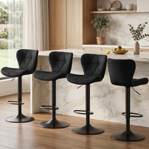 HAPPYMONT set of four black PU adjustable bar stools with curved backs — shows the matched set for a household sharing one island seat