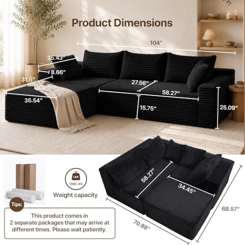 Image of Claiks 104 inch Boneless Couch, L-Shape Corduroy Sectional Sofa, Black