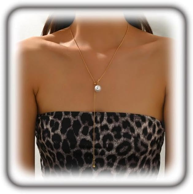 Gold Long Adjustable Imitation Pearl Lariat Necklace for Women, Vintage Geometric Y Shape Drop Snake Chain Choker Necklace Trendy Sweater Chain Gifts