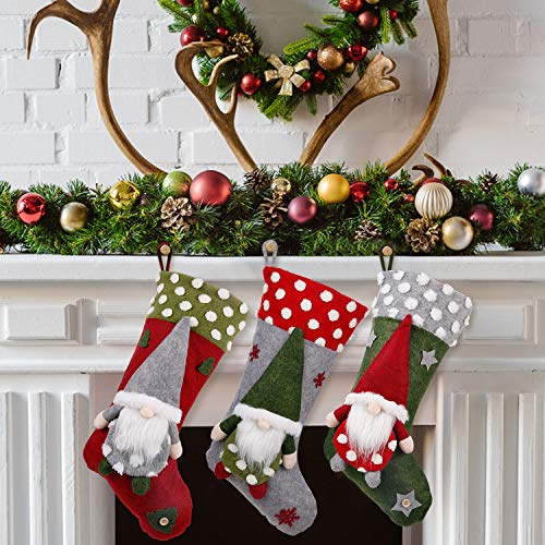 Christmas Stocking 3 Pack, 19 Inch 3D Gnomes Santa Christmas Stockings Fireplace Hanging Stockings For Family Christmas Decoration Xmas Character Holiday Season Party Decor #TOP1