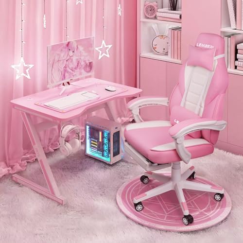 Image of LEMBERI Big and Tall Gaming Chair 400lb Capacity, Heavy-Duty Office Chair with Reinforced Footrest, Wide Seat High Back PC Desk Chair with Linkage Armrests, Thickened Steel Frame, PU Leather, Pink