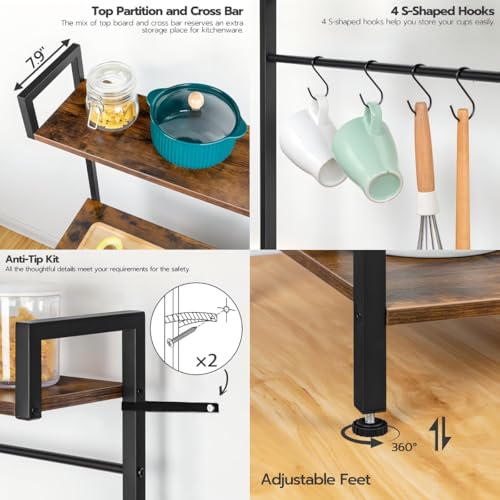 HOOBRO Bakers Rack with Power Outlet, 35.4 Inches Coffee Bar with Mesh Basket, Microwave Stand with 4 S-Shaped Hooks, Kitchen Bakers Rack with Storage, Easy to Assemble, Rustic Brown BF05HB01 by HOOBRO - Image 7