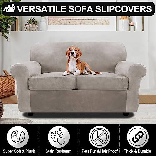 Festicorp Velvet Sofa Covers For 2 Cushion Couch Sofa Slipcovers For 2 Seat Cushion Couch, Stretch Love Seat Couch Covers, 3 Piece Couch Cover, Thick Furniture Covers For Dogs Pets, Taupe #TOP3