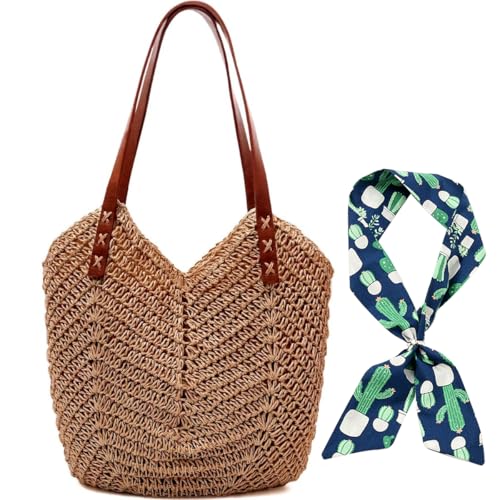 Pro-Noke Sac de plage en paille tissé pour femme, sac fourre-tout d'été, de voyage, de plage, sac à main bohème fait à la main avec fermeture éclair pour vacances, vacances, shopping, kaki, 14 inches