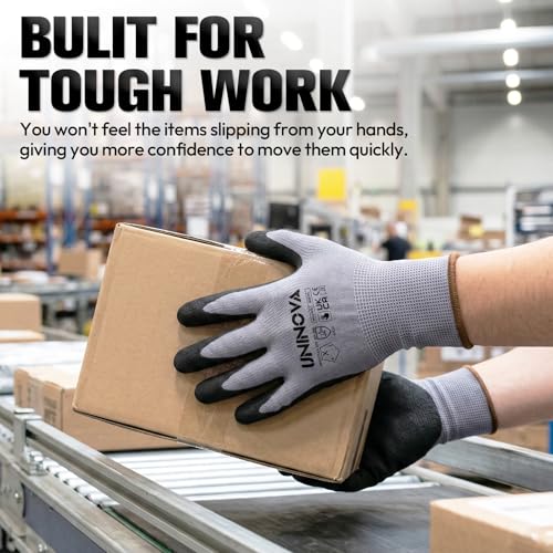 UNINOVA Sandy Nitrile Coated Work Gloves, Safety Work Gloves with Grip for Men Women, Touch Screen High Dexterity, Non-slip for Construction Warehouse DIY General Handling(Large,12Pairs) - Thumbnail 3