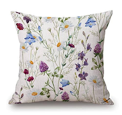 Solekla Floral Pillow Cover Flower Pillow Case Botanical Plant Green Leaf and Colorful Wildflower Pillows Soft Decorative Square Couch Pillow Cover，Home Decor for Sofa Bedroom Car Couch 18X18 inch