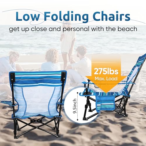 Image of HaSteeL Folding Beach Chair Set of 2, Foldable Striped Camping Chairs for Outside, Low Beach Chair Portable for Adults Fishing, Picnic, Outdoor BBQ, Travel, Sports, Cup Holder & Storage Bag