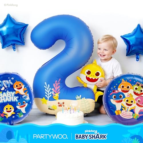 Image of PartyWoo Baby Shark Blue Foil Number 2 Balloon 5pcs 40 18 Inch Blue Round Star Mylar Helium Birthday Balloons for Boys and Girls Baby Shark Under the Sea Ocean Kids Second Birthday Party Decorations