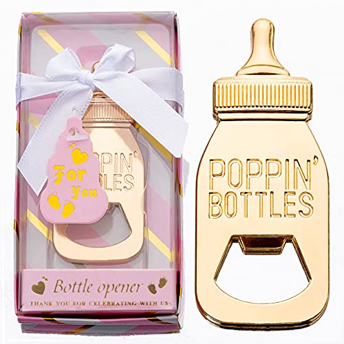 Image of 24PCS Golden Baby Bottle Openers for Baby Shower Favors Gifts, Baby Shower Decorations Souvenirs, Poppin Bottles Openers with Exquisite Gifts Box used for Guests Gender Reveal Party (24, pink)