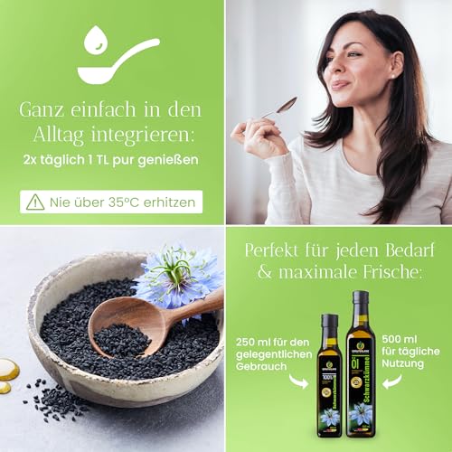Foto von Kräuterland Schwarzkümmelöl 2X500ml (1Liter), gefiltert, naturrein ohne Zusatzstoffe, hoher Thymochinon, kaltgepresst, vegan, mild, glasflasche, mühlenfrisch direkt aus unsrer hessischen Ölmühle