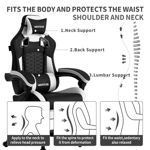 Image of Gaming Chair with Massage,Ergonomic PC Gaming Chair with Footrest Comfortable Headrest and Lumbar Support,High Back PVC Leather,300LBS (Black White)