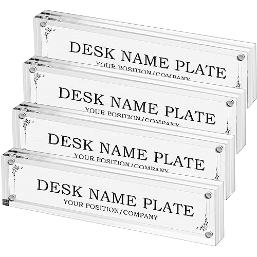 Geetery 4 Pcs Acrylic Office Desk Name Plate Personalized Clear Acrylic Block Nameplate 2" X 8" Double Sided Table Name Plate Holder Business Magnet Frame Diy Desktop Name Holder Accessories Decor #TOP14