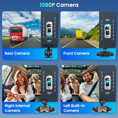Hodozzy Car 360° Dash Cam Front and Rear Inside 4 Channel HD 4 * 1080P Dashcam for Cars, 3 inch Car Camera with Parking Monitor, Night Vision, G-Sensor Loop Recording, Wide Angle, 64GB Card
