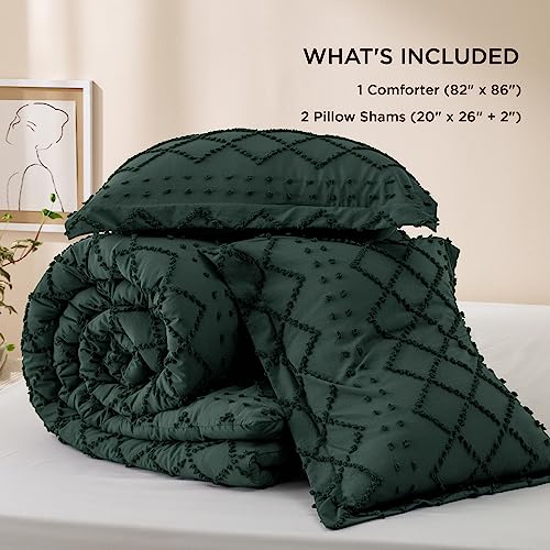 Image of Bedsure Full Comforter Set - Forest Green Comforter, Boho Tufted Distressed Vintage Bedding for Kids, 3 Pieces Farmhouse-Style Bed Set for All Seasons, Fluffy Soft Bedding with 2 Pillow Shams