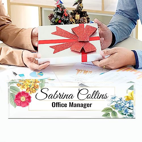 Image of Name Plate for Desk, Desk Name Plate Personalized, Blue Office Decor for Women Men, Acrylic Desktop Accessories, Office Gifts for Boss Nurse Teacher Coworker, Employee Appreciation Gift (Flowers B)
