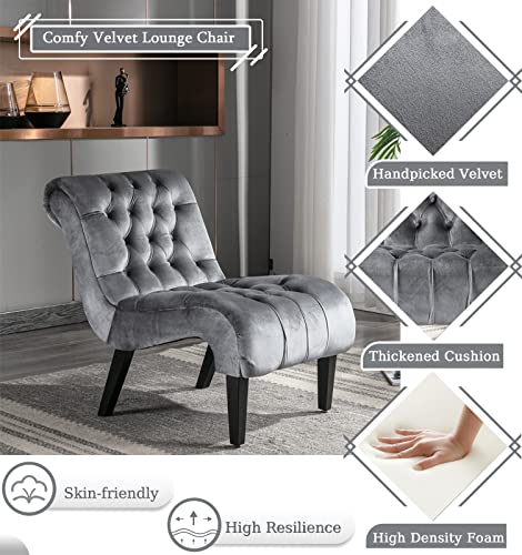 Comfy Velvet Accent Chair, Upholstered Armless Side Chair For Living Room, Modern Lounge Chair With Tufted Back And Rolled Edge Design, Comfy Reading Chair With Solid Rubber Wooden Legs, Silver #TOP2