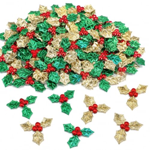 200Pcs Mini Triple Leaf Holly Berries, Christmas Holly Embellishments