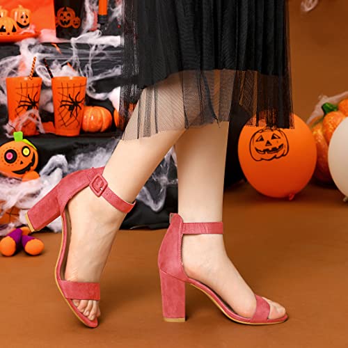 Image of Allegra K Women's Open Toe Chunky High Heel Buckle Ankle Strap Sandals | 3 3 /8 inches Heels with Faux Suede, Comfortable Block Heels Sandal for Women, Summer Dressy Shoes