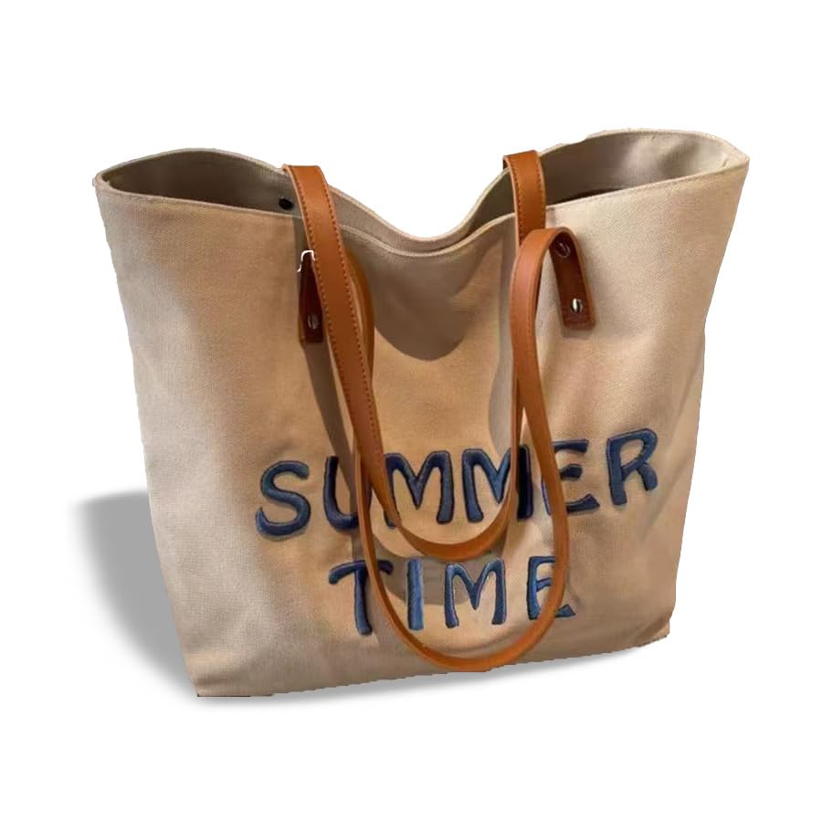 [Uruoi Carry] レディース キャンバストート A4対応 大容量 帆布 ショルダーバッグ 手提げバッグ エコバッグ おしゃれ マザーズバッグ カーキ “summer time” 刺繍 ファスナー付き