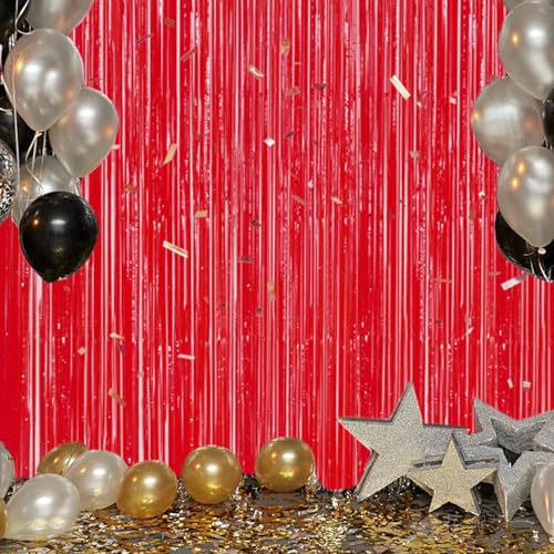 Image of DECOCKRAT 3 Pack Foil Fringe Backdrop - Pastel Red Shiny Tinsel Curtains for Party Decoration /Photo Booth Props - 3.3x8.2 FT Metallic Foil Backdrop for Birthday, Wedding, Graduation, Christmas.
